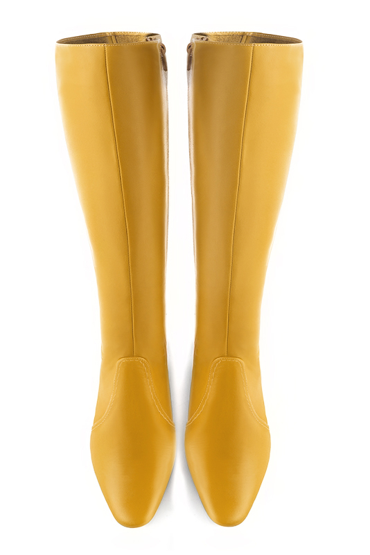 Mustard yellow women's feminine knee-high boots. Round toe. Low flare heels. Made to measure. Top view - Florence KOOIJMAN